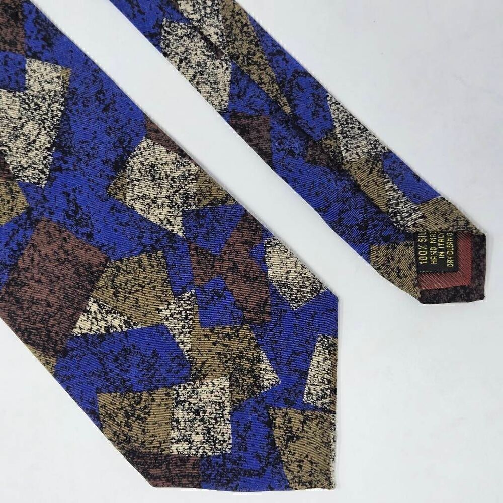 GIORGIO DANIELI MADE IN ITALY SILK TIE BLUE BEIGE 80'S 90'S GEOMETRIC 3.7" X 54"